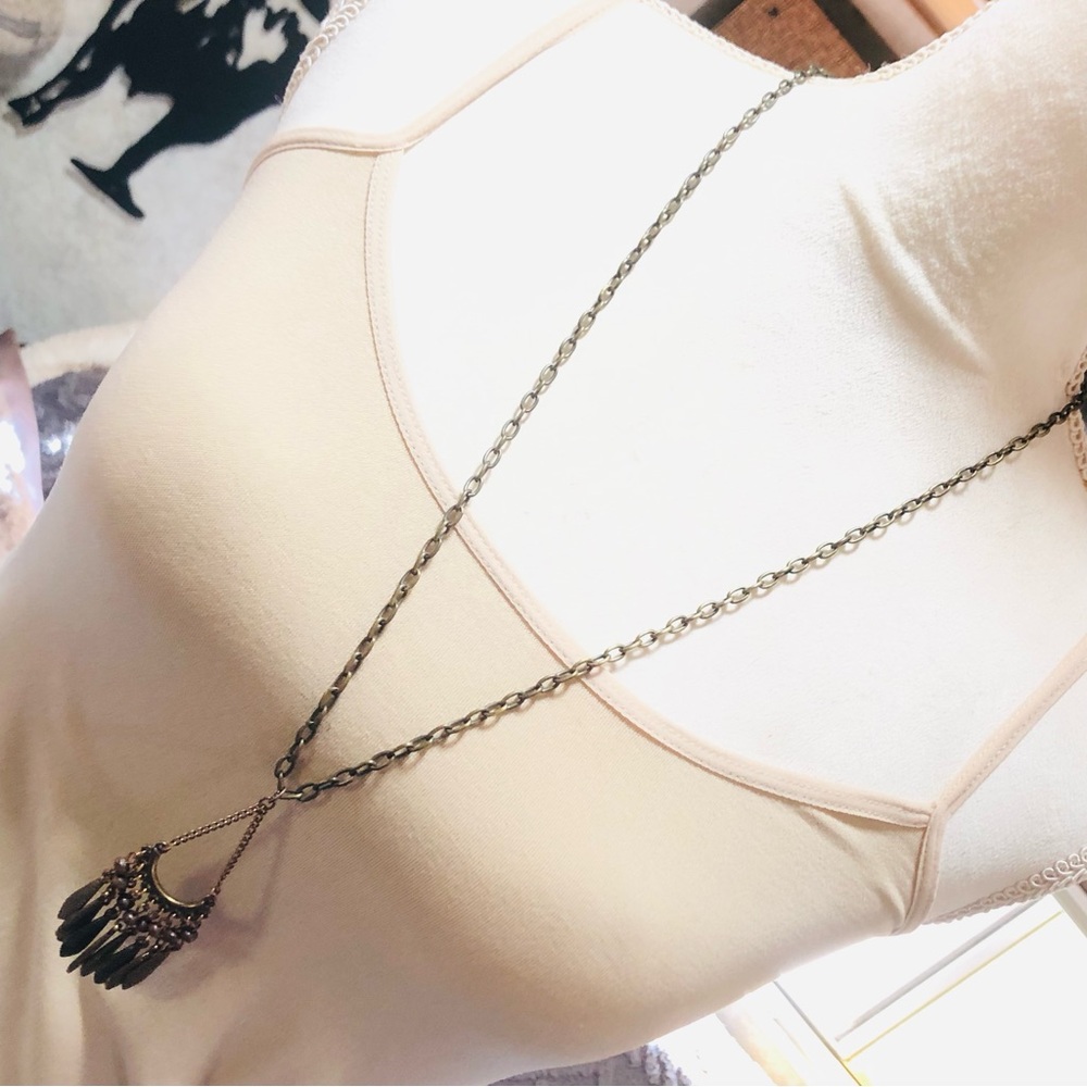 Brass beaded fringe pendant on chain necklace